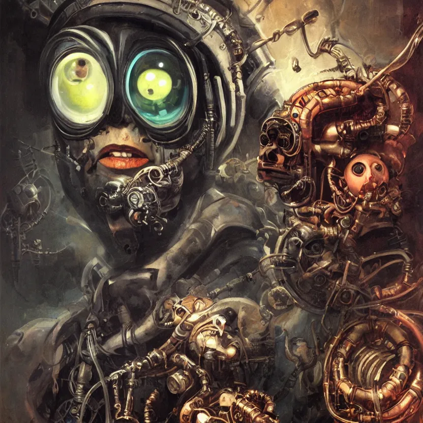 Prompt: neoclassicist close - up sci - fi portrait of a colorful steampunk overlord boss with big glowing eyes gazing intensely and a brain in a vat. dark black ominous background, glowing atmosphere. highly detailed science fiction horror painting by norman rockwell, frank frazetta, and syd mead. rich colors, high contrast, gloomy atmosphere. trending on artstation and behance.
