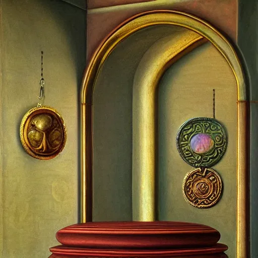 Image similar to still life renaissance pastel painting of a room with a marbled pedestal displaying an ancient holy artifact medallion, chromed and ornate with gentle iridescent shine from within. perspective from the side. realistic light and shadows. moody final fantasy art