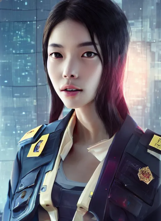 Image similar to portrait of angelababy, futuristic hong kong police uniform girl, shadowrun au naturel, hyper detailed, digital art, trending in artstation, cinematic lighting, studio quality, smooth render, unreal engine 5 rendered, octane rendered, art style by klimt and nixeu and ian sprigger and wlop and krenz cushart
