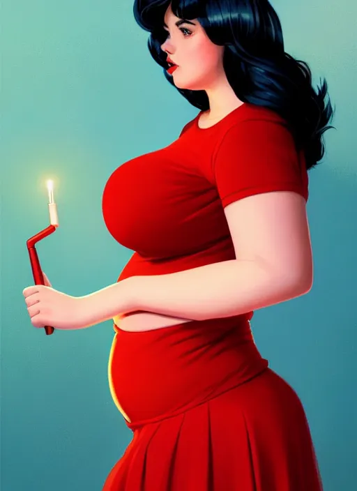 Image similar to full body portrait of teenage veronica lodge, obese, bangs, sultry, realistic, sultry smirk, wavy hair, red skirt, fat, belly, intricate, elegant, glowing lights, highly detailed, digital painting, artstation, concept art, smooth, sharp focus, illustration, art by wlop, mars ravelo and greg rutkowski