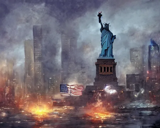 Prompt: Donald Trump destroying our democracy and the Statue of Liberty in Manhattan, post apocalyptic New York, craig mullins, dramatic lighting, very detailed