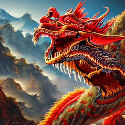 Image similar to a chinese dragon, majestic, mountains background, ultrafine hyperrealistic detailed illustration by kim jung gi, irakli nadar, intricate linework, sharp focus, bright colors, matte, gujian, final fantasy, unreal engine highly rendered, global illumination, radiant light, intricate environment