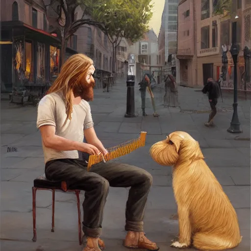 Image similar to oil painting of a young man with long hair blond and a beard hippie style with his golden retrever dog playing piano in the square for money, people watching around, by greg rutkowski, artstation