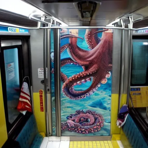 Image similar to of a giant octopus invading a interior of a subway train in new york,