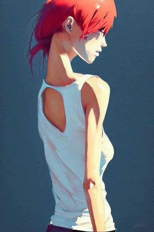 Image similar to a ultradetailed beautiful painting of a stylish woman with a white tank top, by conrad roset, greg rutkowski and makoto shinkai trending on artstation