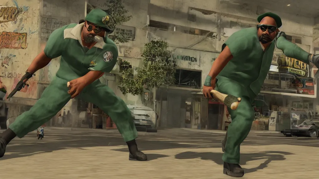Image similar to Still of a PS2 videogame-looking Big Smoke with green clothing wielding a baseball bat in Better Call Saul