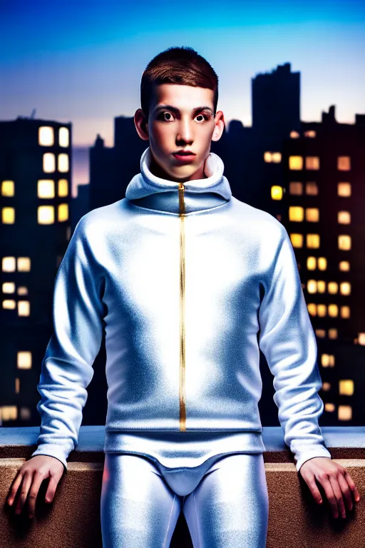 Image similar to un ultra high definition studio quality photographic art portrait of a young man standing on the rooftop of a british apartment building wearing soft padded silver pearlescent clothing. three point light. extremely detailed. golden ratio, ray tracing, volumetric light, shallow depth of field. set dressed.