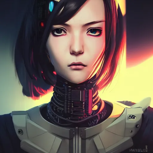 Image similar to A comic potrait of a cyberpunk cyborg girl with big and cute eyes, fine-face, realistic shaded perfect face, fine details. Night setting. Very anime style. Realistic shaded lighting poster by Ilya Kuvshinov katsuhiro, magali villeneuve, artgerm, Jeremy Lipkin and Michael Garmash, Rob Rey and Kentarõ Miura style, trending on art station