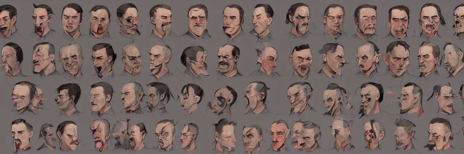 Image similar to colorful character faces, realistic mike patton and hitler faces, character sheet, fine details, concept design, contrast, kim jung gi, greg rutkowski and da vinci, trending on artstation, 8 k, emotional, face turnaround, front view, back view, side view, ultra wide angle