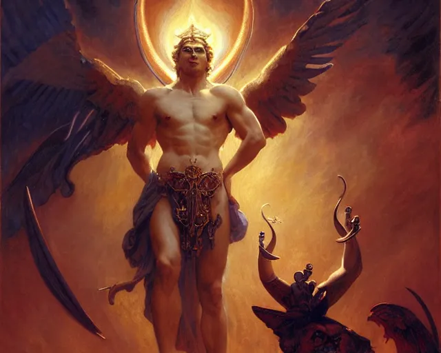 Image similar to monumental male deity, casting demonic magic, summoning handsome lucifer morning star. highly detailed painting by gaston bussiere, craig mullins, j. c. leyendecker 8 k