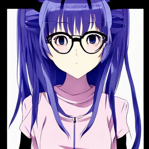 Prompt: Anime Girl. !!High-Angle shot!!. 2d Anime Manga drawing. Glasses, cute look. form-fitting conservative knit outfit. Sharp colors, detailed. 2d art. by CloverWorks studio