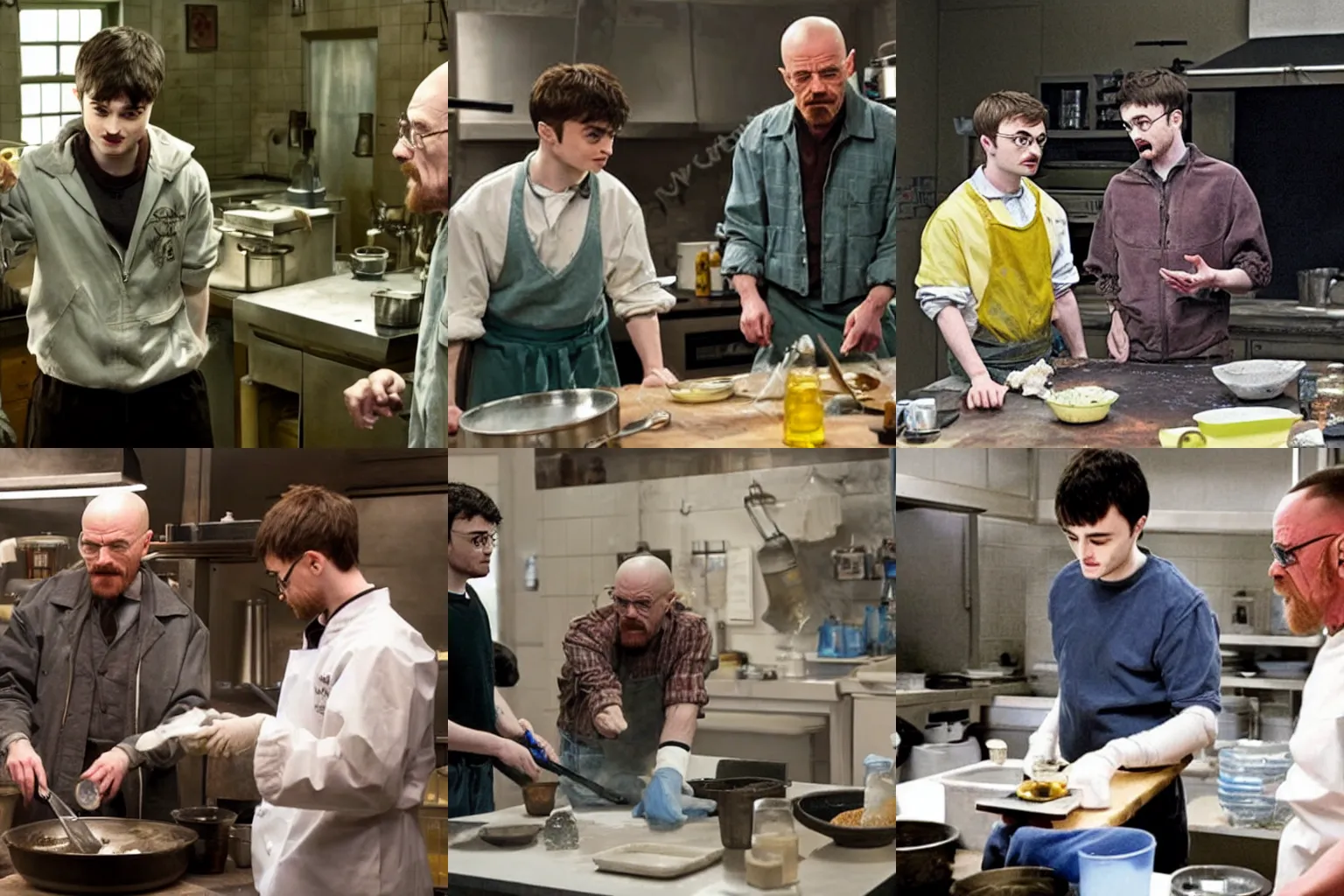 Prompt: Walter White teaching Daniel Radcliffe how to cook in a meth lab, still from Harry Potter and the Crystal Meth (2024)