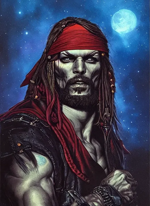 Image similar to portrait of muscular pirate, night sky background, coherent! by brom, deep color, strong line, high contrast