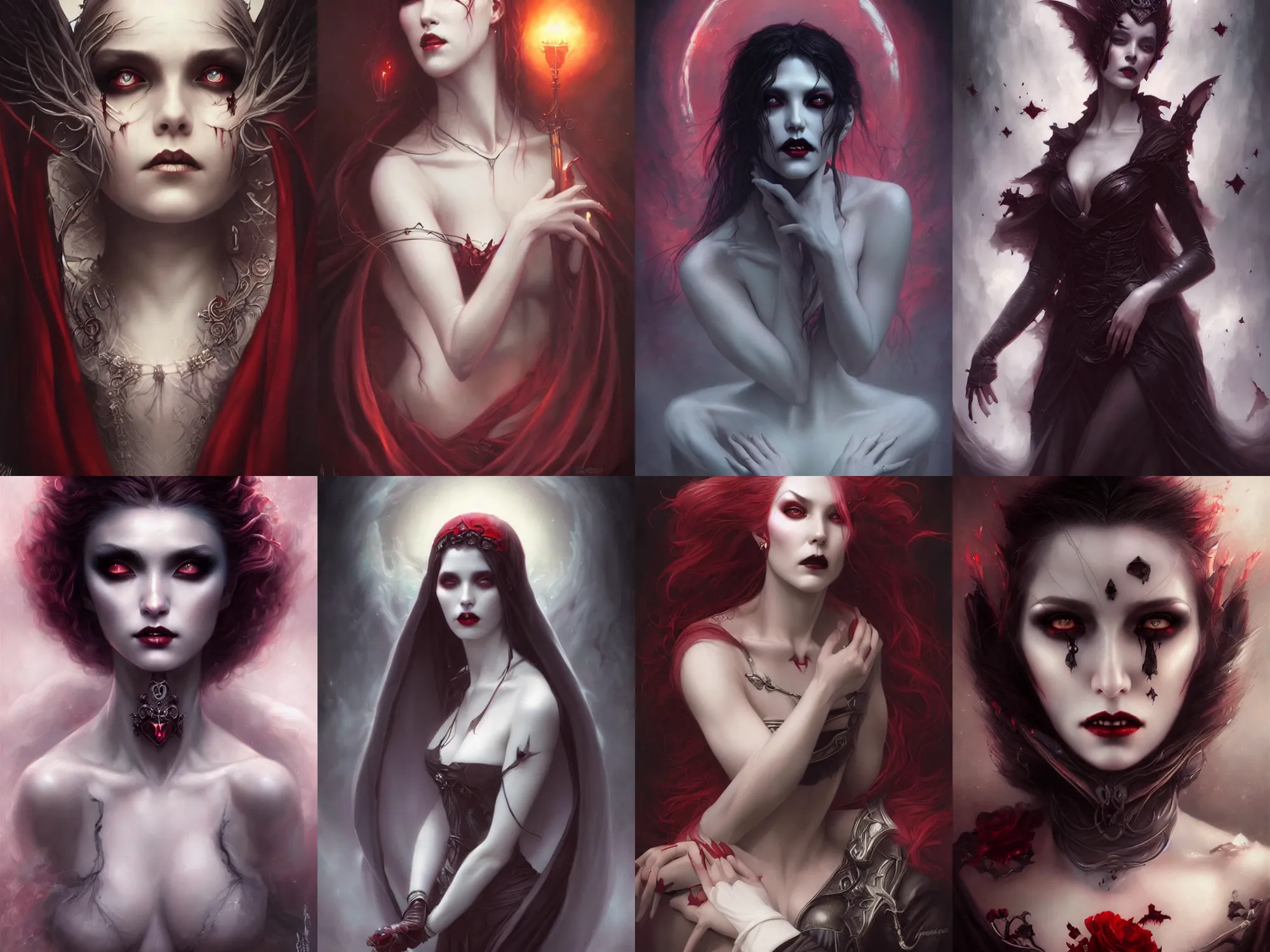 Prompt: a hauntingly beautiful vampire empress, painted by artgerm and tom bagshaw, fantasy art, dramatic lighting, highly detailed oil painting