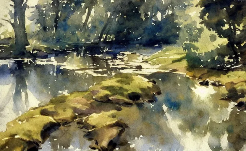 Image similar to watercolor lanscape by anders zorn, very very very very beautiful art, dramatic light, water reflections, aquarelle paint splashes and drips, drops