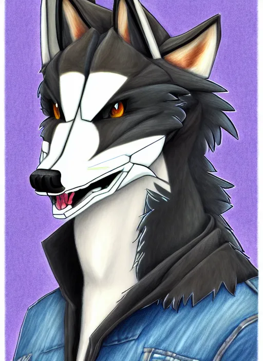 Image similar to expressive stylized master furry artist digital colored pencil painting full body portrait character study of the sergal wolf small head fursona animal person wearing clothes jacket and jeans by master furry artist blotch