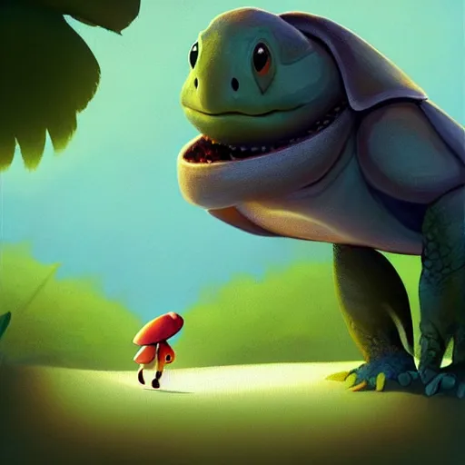 Prompt: Goro Fujita a portrait a cute turtle walking very happy with her baby through the jungle, painting by Goro Fujita, sharp focus, highly detailed, ArtStation