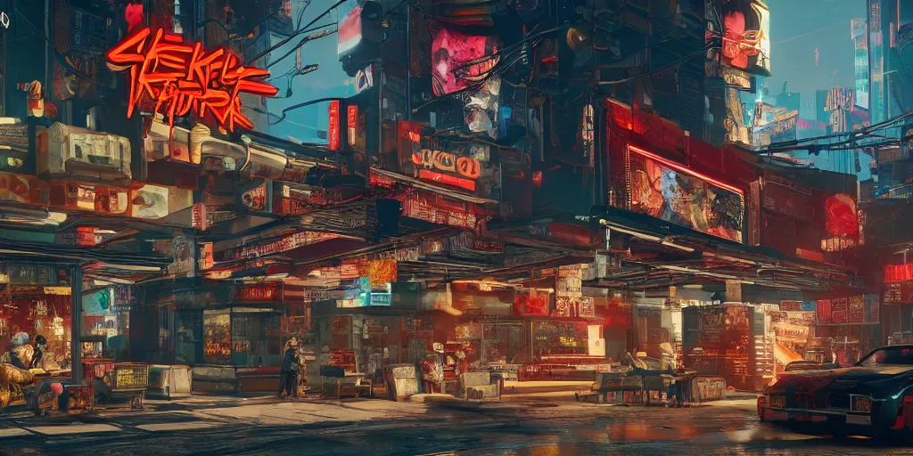 Prompt: cyberpunk KFC, Cyberpunk 2077, hdr, ultra detailed, 4k, wallpaper, cinematic, artstation