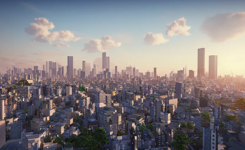 Image similar to unreal engine 5 render of tokyo city from a rooftop view, sunset lighting, hyper realism, realistic shading, cinematic composition, blender render, octane render, hdr, detailed textures, photorealistic, ultrawide shot, 1 6 mm lens