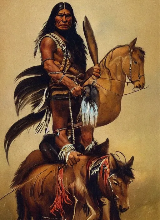 Image similar to powerful native american warrior!! beautiful native american sitting on horse, nineteenth century painting, painted by frank frazetta