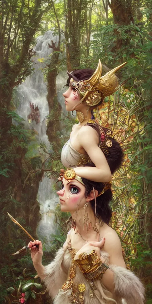 Image similar to hyper realistic Princess Mononoke wearing her mask, lush forest landscape, wolves, magic, castle, jewels, style of tom bagshaw, mucha, james gurney, norman rockwell, gems and gold, waterfalls, denoised, sharp,