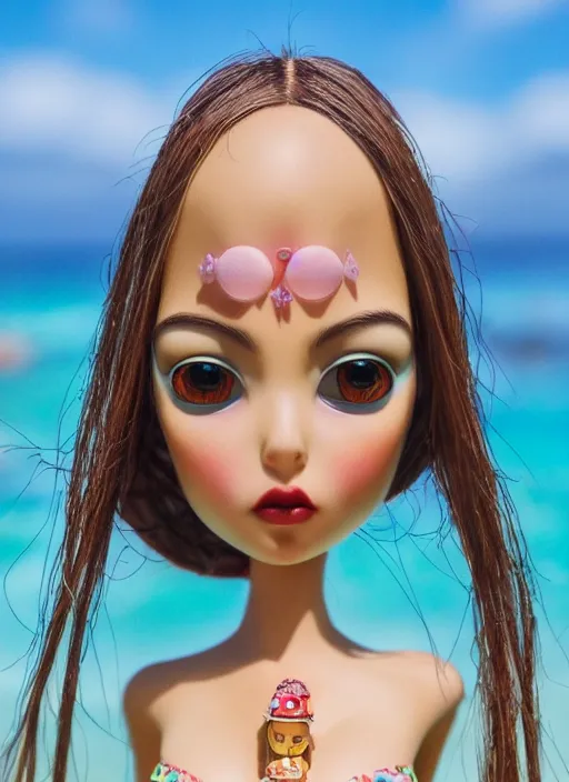 Image similar to closeup profile portrait of tin toy bikini girl beach, depth of field, zeiss lens, detailed, symmetrical, centered, fashion photoshoot, by nicoletta ceccoli, mark ryden, lostfish, breathtaking, 8 k resolution, extremely detailed, beautiful, establishing shot, artistic, hyperrealistic, octane render