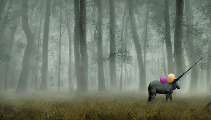 Image similar to A unicorn-shaped!! ballon floats lonely through a dark foggy Forest, Digital Art, Photorealism, Hyper Realistic, Hyperdetailed, Movie Screenshot, iMAX Quality