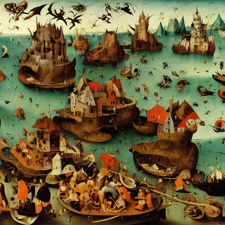 Image similar to The medium shot of three sarcastic mans with a lot of fish running away with a small profit of money, Grim Reaper laughs and follow them, by Hieronymus Bosch and Pieter Bruegel inspired by Terry Pratchett, super detailed oil painting, hyper realistic, 4k, masterpiece