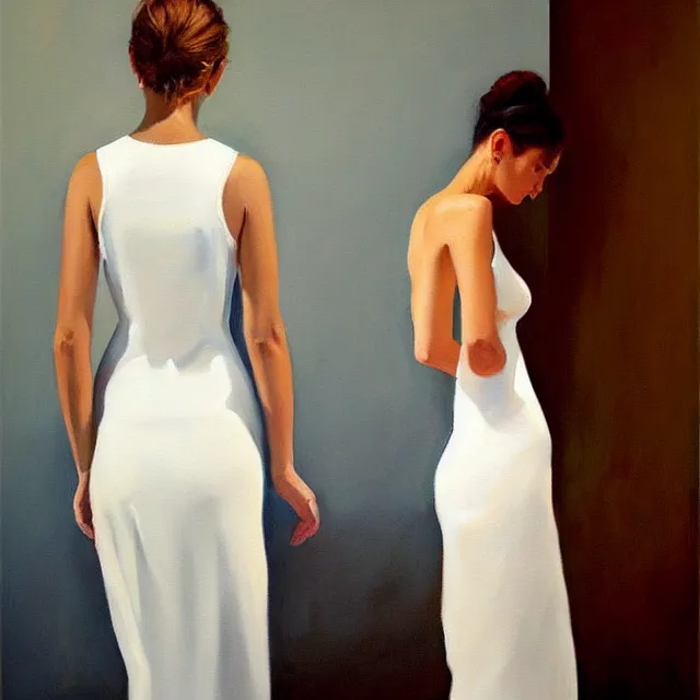 Prompt: a painting of a stunning woman in a white dress, a photorealistic painting by julio larraz, trending on cg society, figurative art, hyper realism, oil on canvas, detailed painting