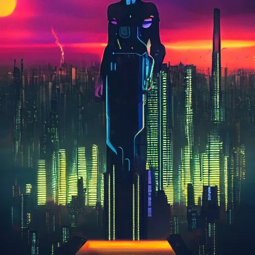 Prompt: « futuristic city, cyberpunk, blade runner, sunrise, morning, girl watching the sky, ground view to the top »