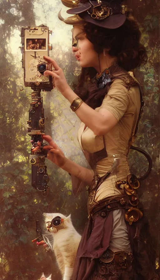 Image similar to hyper realistic photographer taking a picture of a cat, magical, steampunk, painted by tom bagshaw, mucha, gaston bussiere, craig mullins, j. c. leyendecker 8 k