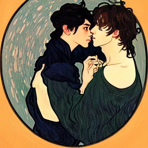 Image similar to painting of young cute handsome beautiful dark medium wavy hair man in his 2 0 s named shadow taehyung and cute handsome beautiful min - jun together at the halloween witchcraft party with bubbling cauldron, melancholy, autumn colors, elegant, ritual, painting, stylized, soft facial features, delicate facial features, art by alphonse mucha, vincent van gogh, egon schiele