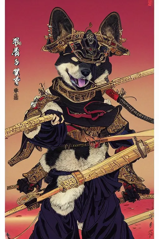 Image similar to poster of a shiba inu as a samurai, by yoichi hatakenaka, masamune shirow, josan gonzales and dan mumford, ayami kojima, takato yamamoto, barclay shaw, karol bak, yukito kishiro