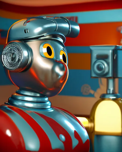 Image similar to highly detailed closeup, face profile portrait of a tin toy retro 1 9 5 0 s robot in a diner, bikini, unreal engine, max fleischer, global illumination, detailed and intricate environment