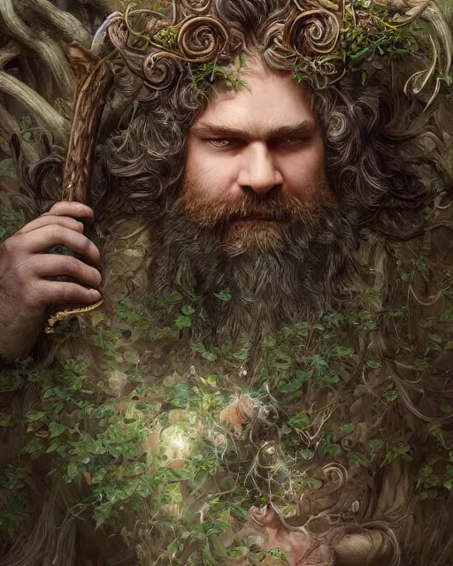 Prompt: patrick rothfuss as a forest druid with ram horns and leaves in his beard, dreamy and ethereal, fantasy, intricate, elegant, highly detailed, digital painting, artstation, concept art, smooth, sharp focus, illustration, art by artgerm and greg rutkowski and donato giancola