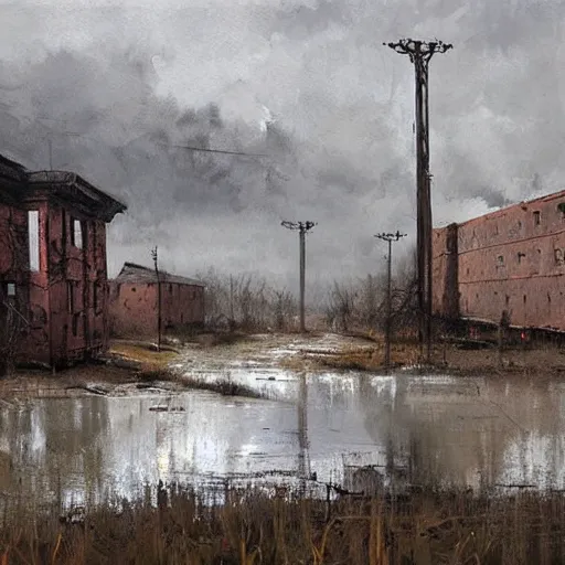 Image similar to painting of a abandoned post soviet town by jakub rozalski