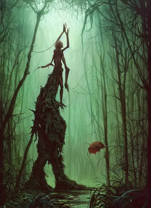 Image similar to hyper realistic magic alien in the woods in a river gorgeous lighting, lush forest foliage blue sky a hyper realistic ink drawing by chiara bautista and beksinski and norman rockwell and greg rutkowski, tom bagshaw weta studio, and lucasfilm