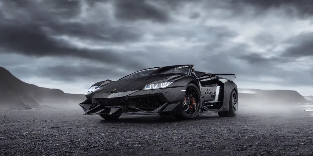 Image similar to a black lego lamborghini driving at the icelandic coast line. black sand. dramatic sky. cinematic. intricate. mist. low angle wide shot. highly detailed. matte painting in the style of andreas rocha. octane render. 8 k. trending on artstation