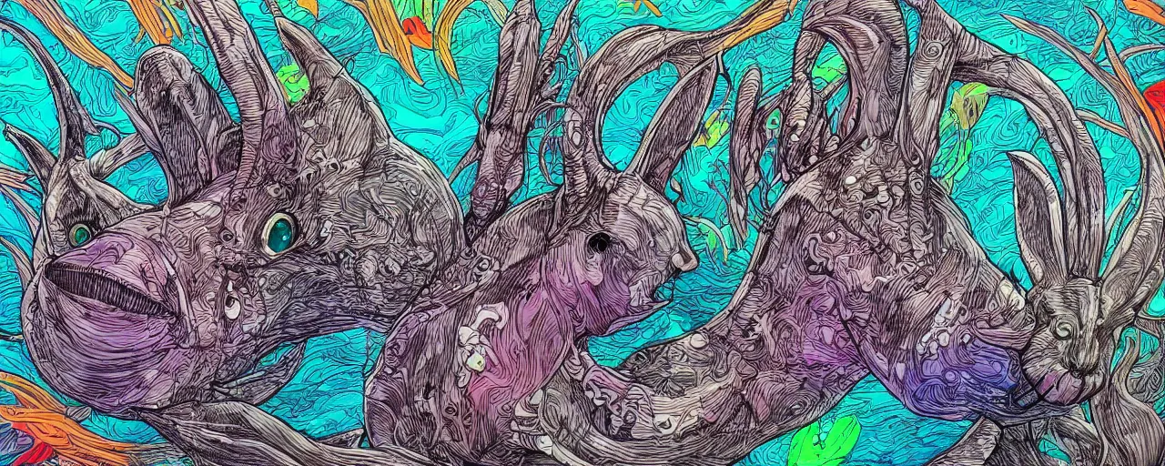 Image similar to a detailed digital art of a bunny disguised as a shark in the style of junji ito and moebius and giger, rainbow color scheme, ornate, photosynthetic,8k,award winning art,