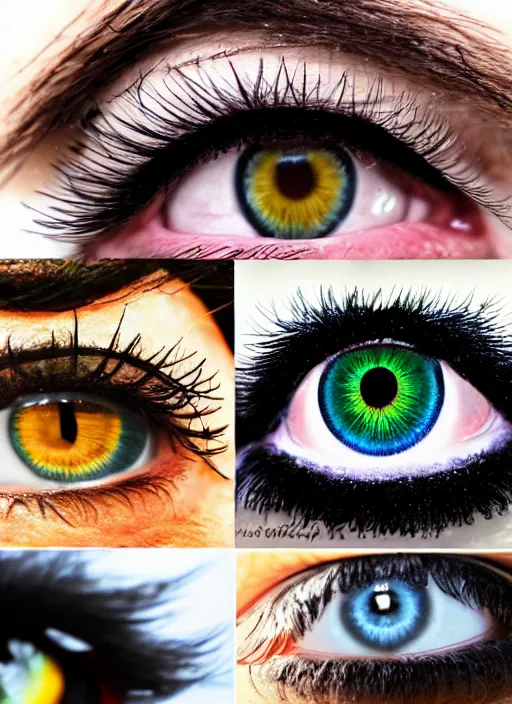 Image similar to grid montage of eyes, detailed colored textures, eyelashes, advanced art, art styles mix, from wikipedia, wet reflections in eyes, sunshine light, hd macro photograph, from side, various eyelid positions, black pupil centered