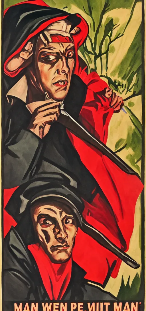 Image similar to man in hood and red eyes with a knife, 1940s propaganda poster, full hd,highly detailed