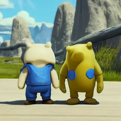 Prompt: finn and jake from adventure time in final fantasy 7, highly detailed painting, unreal engine