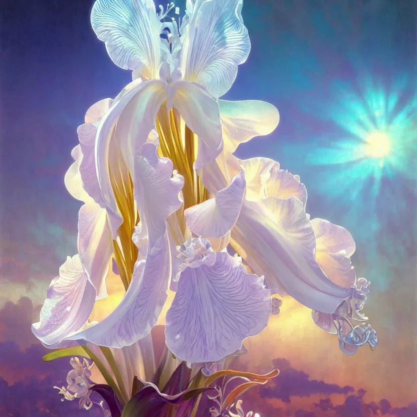 Image similar to detailed giant white holographic orchid iris hybrid flower surrounded by ocean waves, lsd water, lsd ripples, droplets, backlit, sunset, refracted lighting, art by collier, albert aublet, krenz cushart, artem demura, alphonse mucha