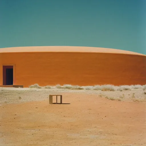 Image similar to a man standing outside a Non-Euclidean orb-like clay house sitting in the desert, vintage photo, beautiful cinematography, blue sky, film grain, James Turrell