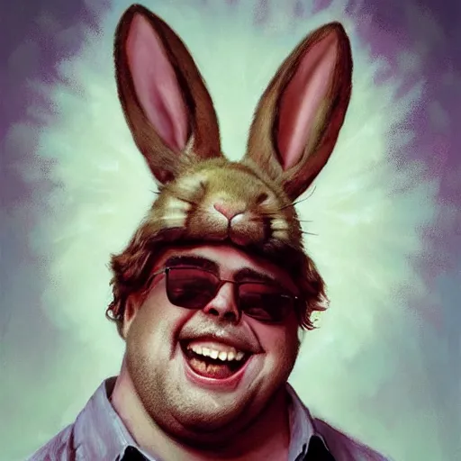 Prompt: hyper realistic, portrait of a mega derpy john candy, big chungus, with bunny ears, smoking massive amounts of weed, big smile, buck teeth, hillbilly, by greg rutkowski, scott m fischer, artgerm, loish, slight glow, atmospheric, anne stokes, alexandros pyromallis