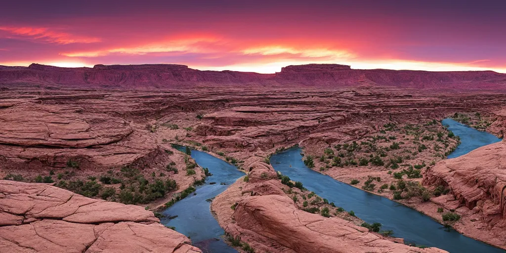 Image similar to “a dried river bend through a canyon surrounded by desert mountains at sunset, moab, utah, a tilt shift photo by Frederic Church, trending on unsplash, hudson river school, photo taken with provia, national geographic photo”