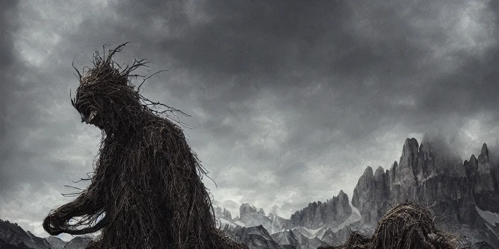 Image similar to alpine farmer transforming into a monster ,roots and hay coat, dolomites in background, dark, eerie, despair, portrait photography, artstation, digital art, concept art, artstation, highly detailed, sharp focus, by caravaggio