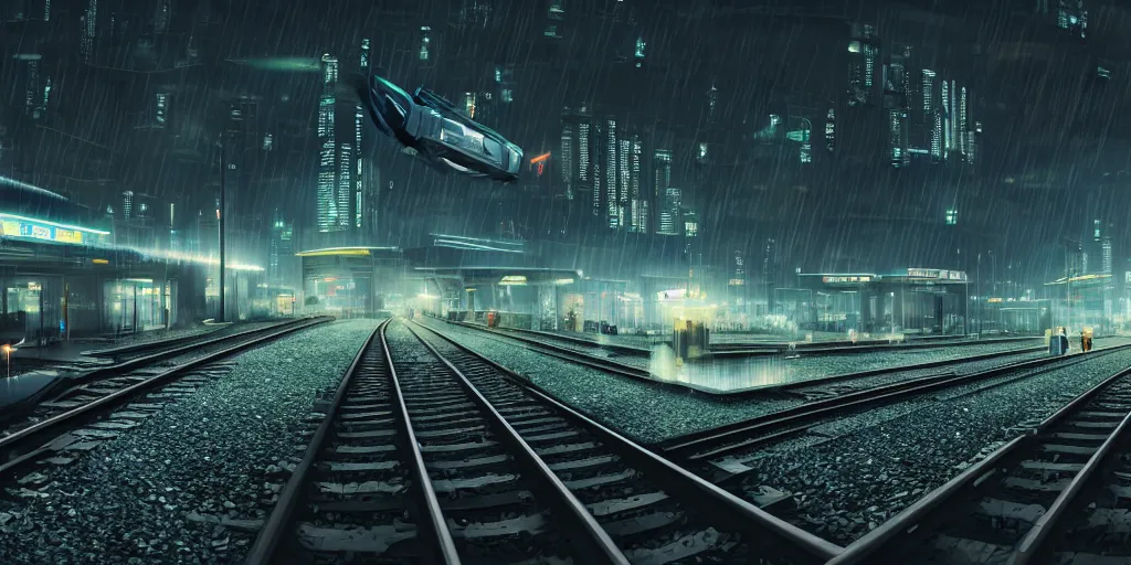 Image similar to !Train station!, futuristic bladerunner, trains, cyberpunk, train station in the rain at night, volumetric lighting, 4K, Spherical, Panorama, RealityEngine, PhotoRender, hyperdetailed, cinematic