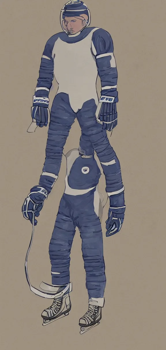 Image similar to male, full body, habs ice hockey space suit with a modern helmet, large shoulders, short torso, long thin legs, tiny ice skate, stanley cup character sheet, science fiction, very stylized character design, digital painting, by mike mignola, by alex maleev, jean giraud, painted by leyendecker