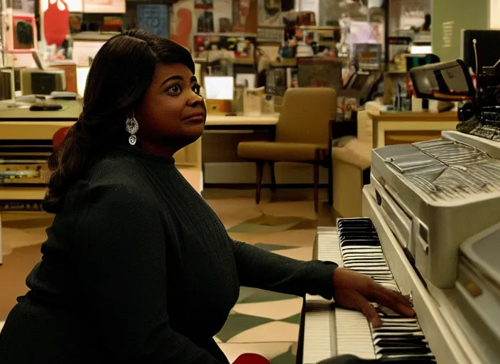 Image similar to cinematic shot of octavia spencer in an small used electronics store playing an old electronic keyboard, iconic scene from the paranoid thriller sci fi film directed by stanley kubrick, anamorphic cinematography, beautiful composition, color theory, leading lines, photorealistic, moody volumetric lighting